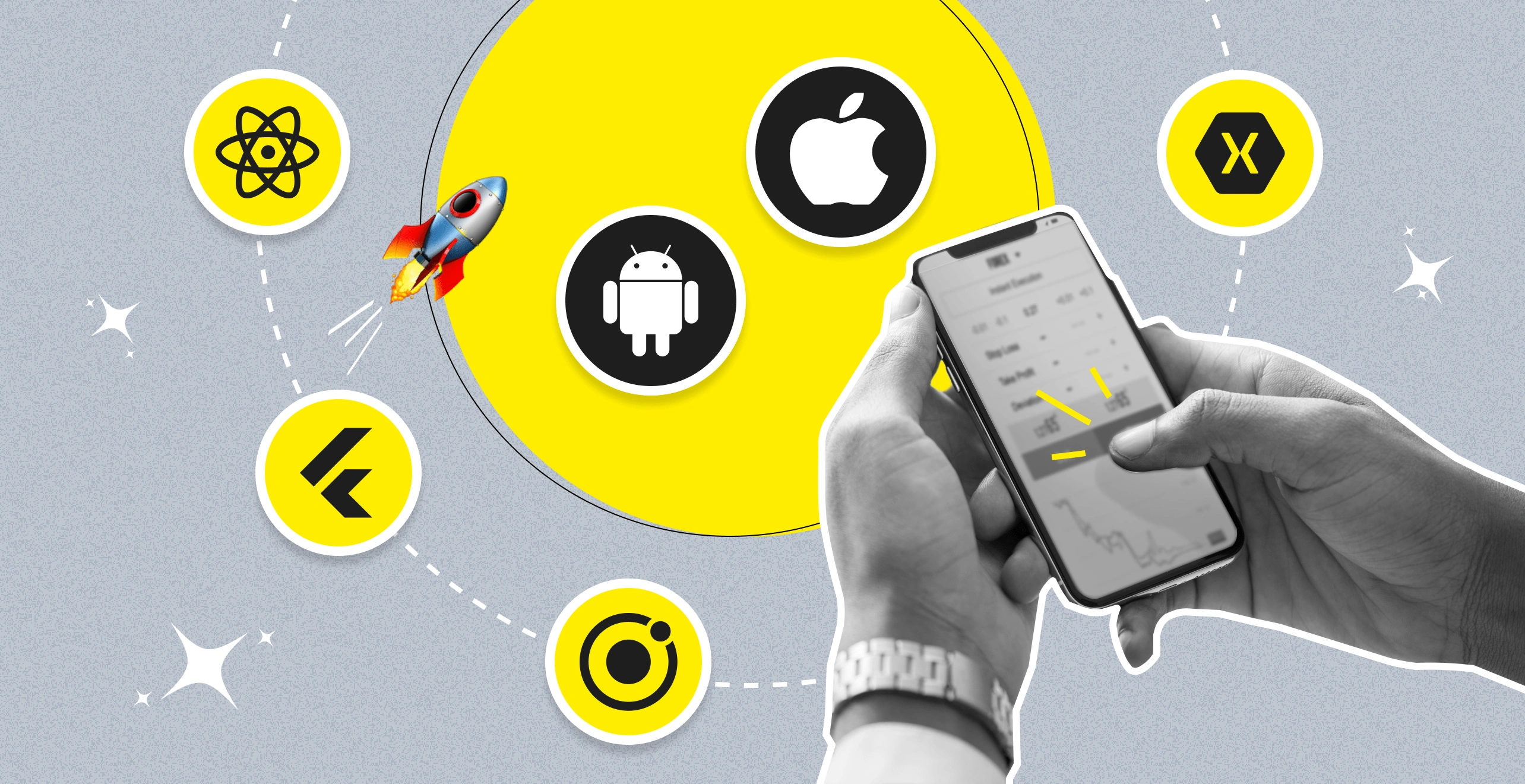 Developer previewing an iOS and Android app on multiple devices with CI pipeline on screen.